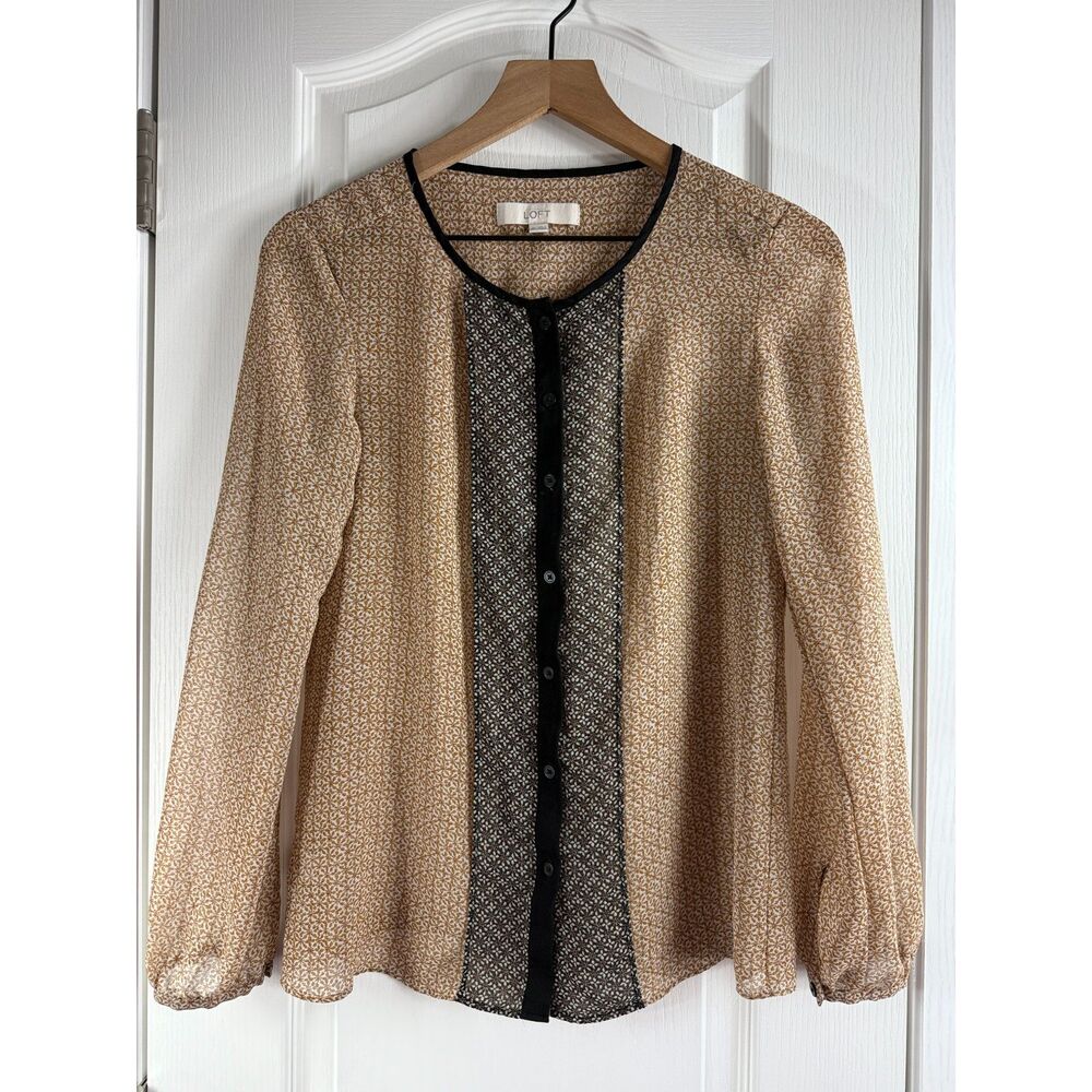 Ann Taylor LOFT Women's Long Sleeve Button Front Blouse Tan Black Print Size XS